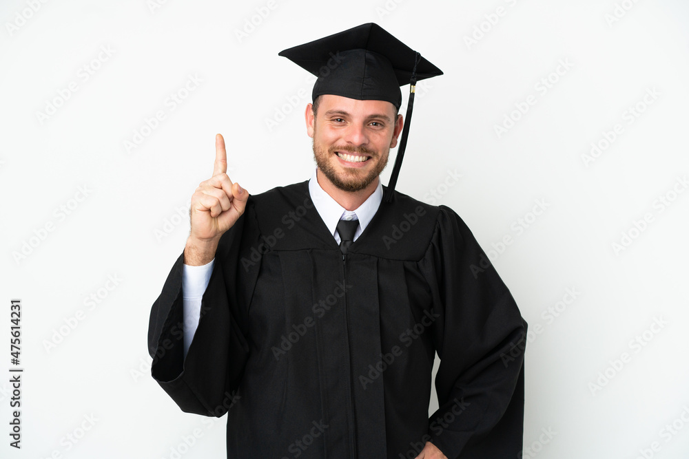 Young university Brazilian graduate isolated on white background showing and lifting a finger in sign of the best Young university Brazilian graduate isolated on white background showing and lifting a finger in sign of the best