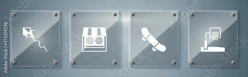 Set Basketball backboard, Skateboard trick, Shooting gallery and Kite. Square glass panels. Vector