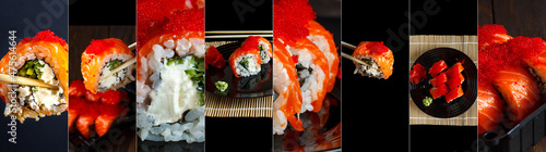 Sushi collage. A variety of sushi. Delicious assortment. popular Japanese food.