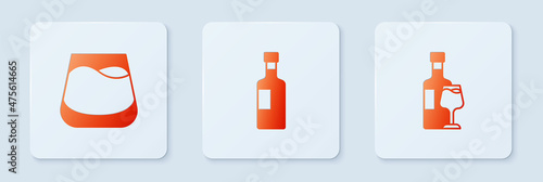 Set Wine bottle  Glass of whiskey and with glass. White square button. Vector
