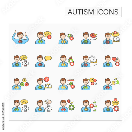 Fototapeta Naklejka Na Ścianę i Meble -  Autism spectrum disorder color icons set.Difficulties with social interaction, communication.Restricted, repetitive, atypical behavior.Neurodevelopmental disorder concept.Isolated vector illustrations