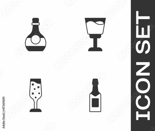 Set Champagne bottle  Bottle of cognac or brandy  Glass champagne and Wine glass icon. Vector