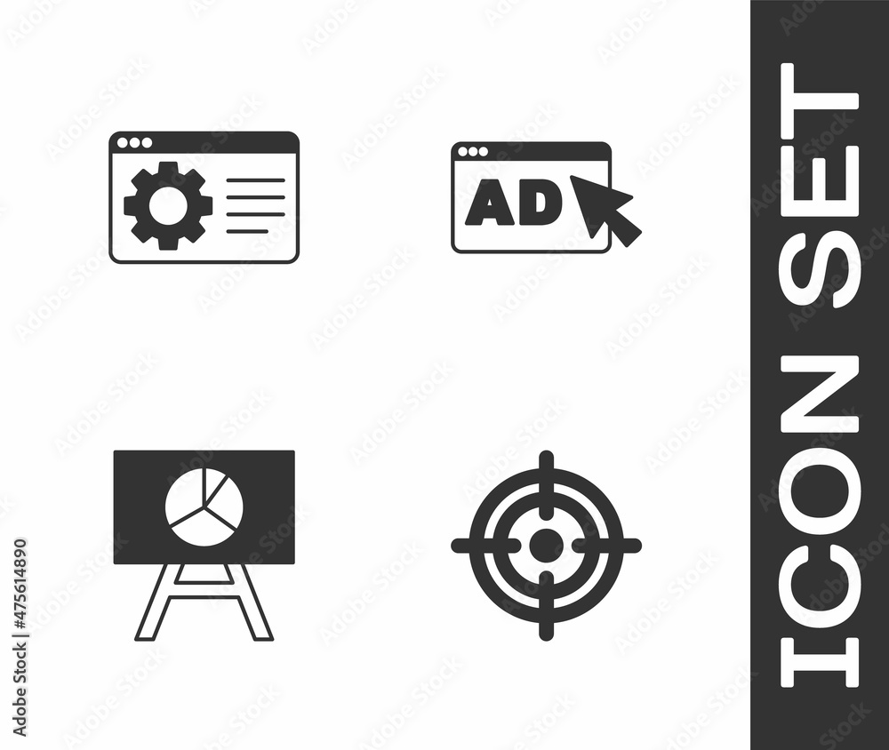 Set Target, Browser setting, Board with graph chart and Advertising icon. Vector Set Target, Browser setting, Board with graph chart and Advertising icon. Vector