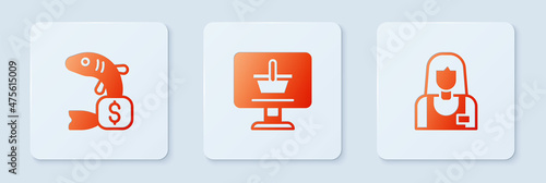 Set Shopping cart on computer, Price tag for fish and Seller. White square button. Vector