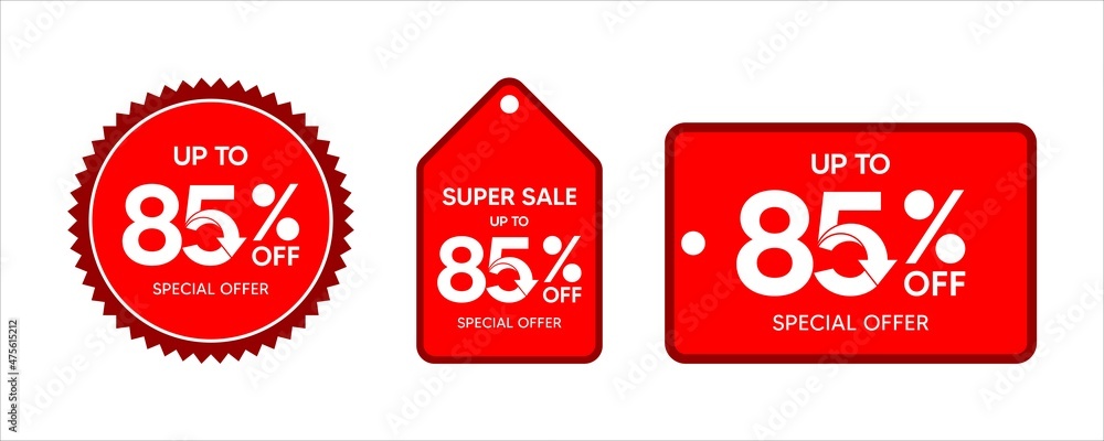 Discount up to 85 percent, promotion label on red color sticker isolated on white background, special offer sales promotion discount. vector template illustration Discount up to 85 percent, promotion label on red color sticker isolated on white background, special offer sales promotion discount. vector template illustration
