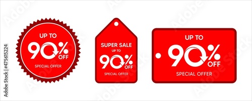 Discount up to 90 percent, promotion label on red color sticker isolated on white background, special offer sales promotion discount. vector template illustration