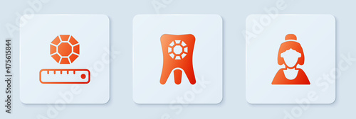 Set Tooth with diamond, Gem stone and Consultant of jewelry store. White square button. Vector