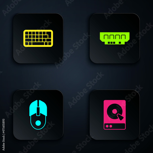 Set Hard disk drive HDD, Keyboard, Computer mouse and RAM, random access memory. Black square button. Vector