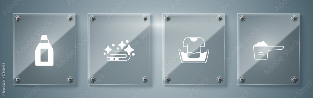 Set Washing powder, Basin with shirt, Towel stack and Bottle for cleaning agent. Square glass panels. Vector Set Washing powder, Basin with shirt, Towel stack and Bottle for cleaning agent. Square glass panels. Vector