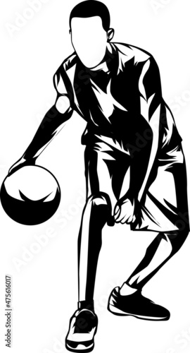 a silhouette vector illustration of a dribbling athlete with a basketball, white background.
