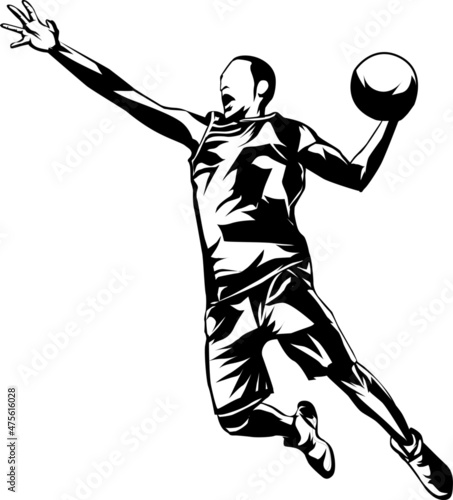 a silhouette vector illustration of an athlete jumping with a basketball slamdunk, white background.