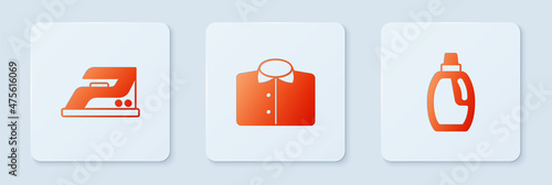 Set T-shirt, Electric iron and Bottle for cleaning agent. White square button. Vector