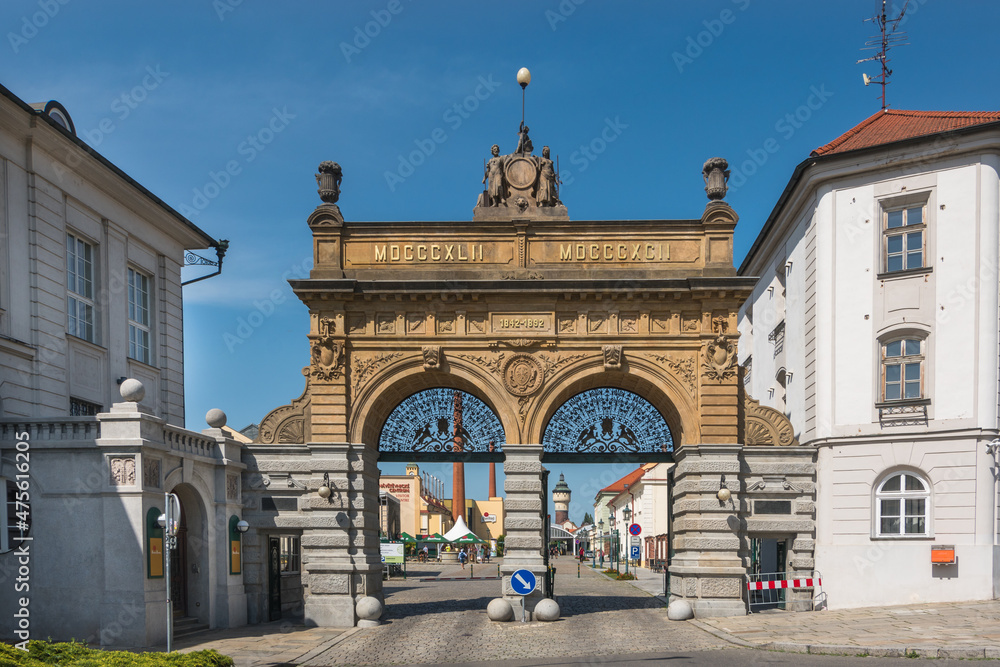 Plzen, Czech Republic, June 2019 - view of Pilsner Urquell Brewery's famous main gate