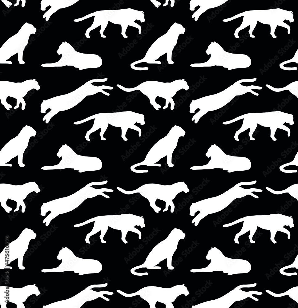 Vector seamless pattern of hand drawn tigers silhouette isolated on black background Vector seamless pattern of hand drawn tigers silhouette isolated on black background