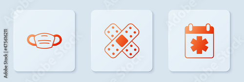 Set Crossed bandage plaster, Medical protective mask and Doctor appointment. White square button. Vector
