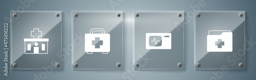 Set Patient record, Monitor with cardiogram, First aid kit and Hospital building. Square glass panels. Vector