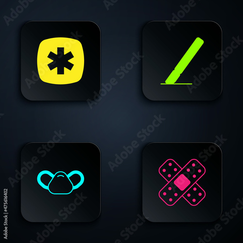Set Crossed bandage plaster, Emergency - Star of Life, Medical protective mask and Surgery scalpel. Black square button. Vector