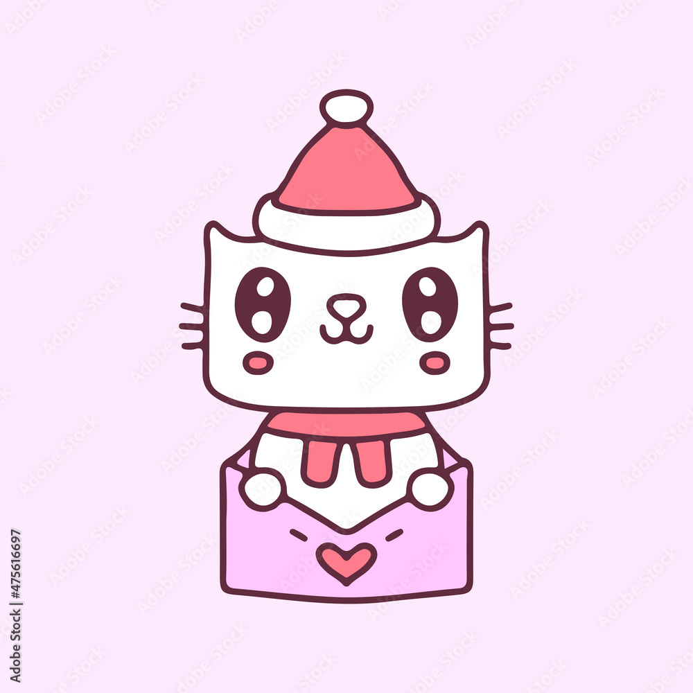 Kawaii cat wear Santa hat in love letter cartoon. Christmas illustration. Vector graphics for t-shirt prints and other uses. Kawaii cat wear Santa hat in love letter cartoon. Christmas illustration. Vector graphics for t-shirt prints and other uses.