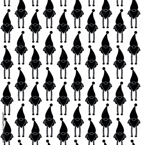 Vector seamless pattern of flat black Scandinavian gnome isolated on white background