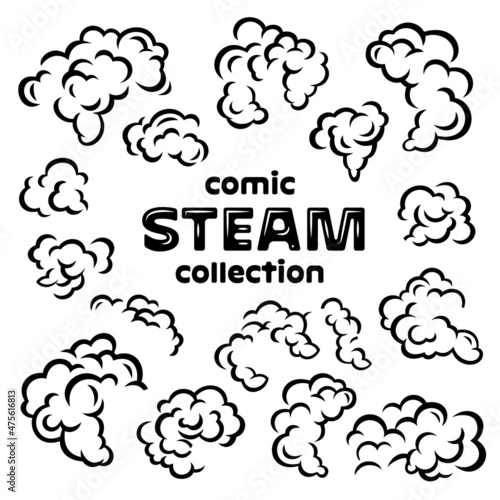 Set of comic cartoon funny steam smoke dust puff cloud vapor icons.
