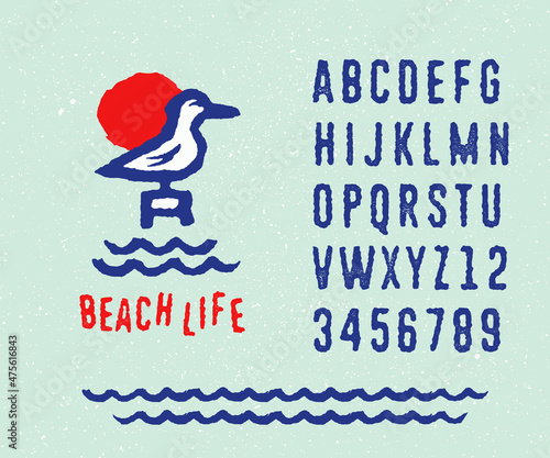 BEACH LIFE vintage alphabet Textured aged roughen distressed rugged effect Original typeface Unique font Hand lettering Custom typography Retro look and feel