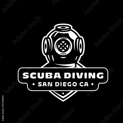 SCUBA DIVING business logo design Vintage aqualung helmet Aquatic sport leisure badge Diver icon Underwater activity emblem Retro recreational equipment illustration Water fun