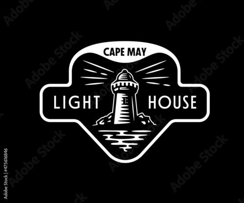 Vintage lighthouse logo badge design Showing finding the way direction concept Water waves ripples seascape stone island nautical style isolated illustration Problem solver idea
