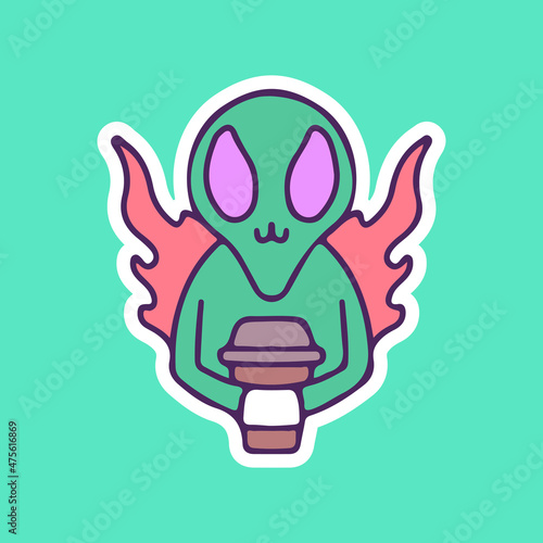 Alien on fire holding coffee cup. illustration for t shirt, poster, logo, sticker, or apparel merchandise.