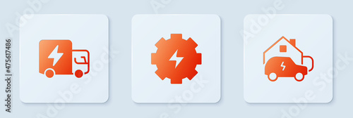 Set Gear and lightning, Electric truck and Charging car at home. White square button. Vector