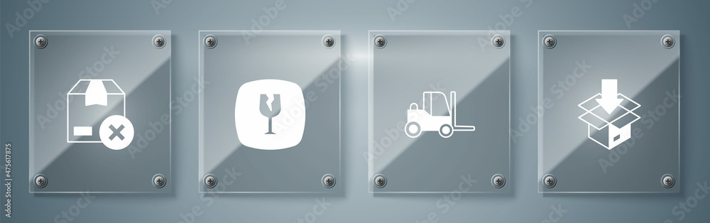 Set Carton cardboard box, Forklift truck, Fragile broken glass and . Square glass panels. Vector Set Carton cardboard box, Forklift truck, Fragile broken glass and . Square glass panels. Vector