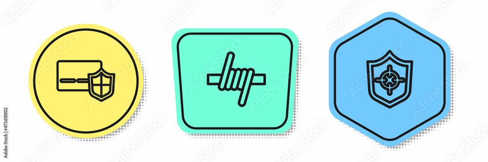Set line Credit card with shield, Barbed wire and Shield. Colored shapes. Vector Set line Credit card with shield, Barbed wire and Shield. Colored shapes. Vector