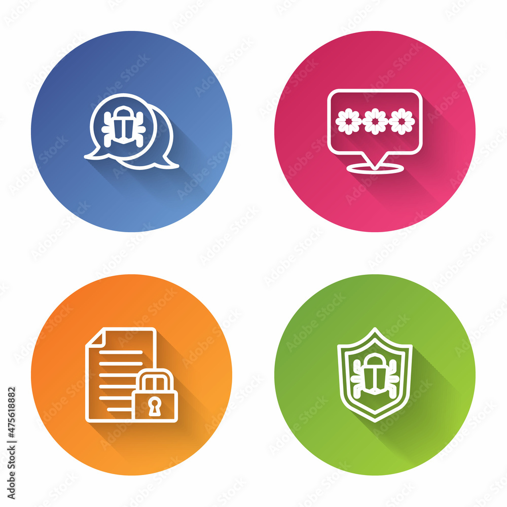 Set line System bug, Password protection, Document and lock and . Color circle button. Vector Set line System bug, Password protection, Document and lock and . Color circle button. Vector