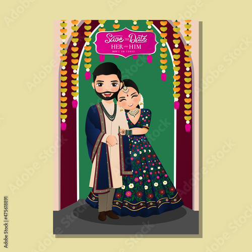 Fototapete Wedding invitation card the bride and groom cute couple in traditional indian dress cartoon character
