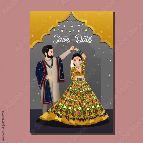 Canvas Wedding invitation card the bride and groom cute couple in traditional indian dress cartoon character