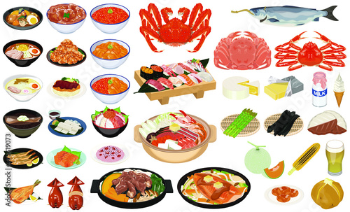 北海道の人気グルメ・名産のアイコン①（ジンギスカン、お寿司、ラーメン、かに、いくら、うに）