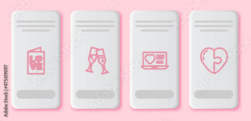 Set line Valentines day party flyer, Glass of champagne, Dating app online and Heart. White rectangle button. Vector