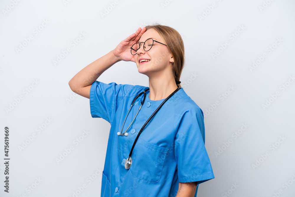 Young nurse doctor woman isolated on white background has realized something and intending the solution Young nurse doctor woman isolated on white background has realized something and intending the solution