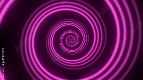 Travel through abstract neon spiral tunnel. Glow wormhole background