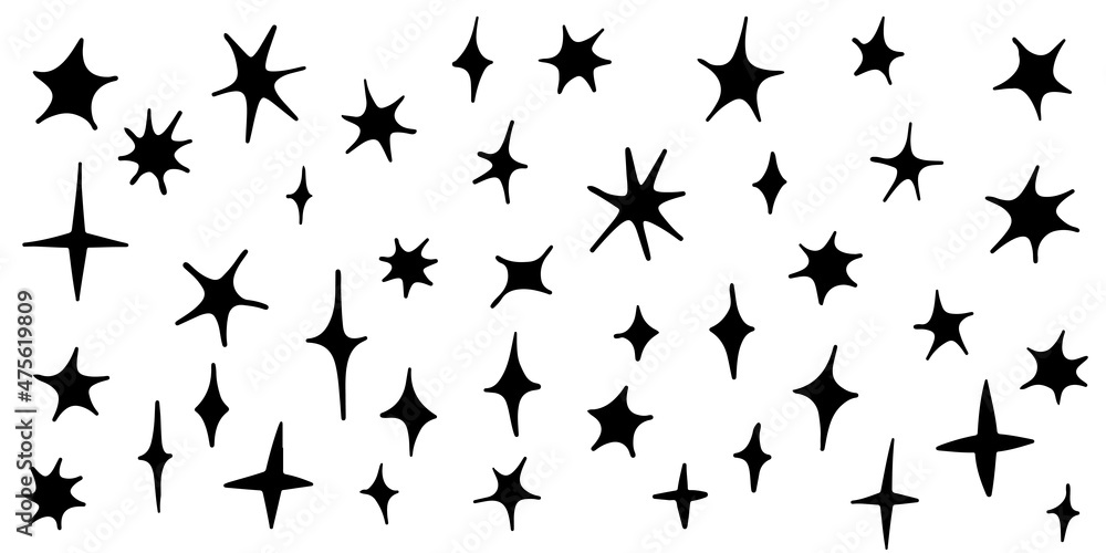 Set of hand drawn sparkles symbols isolated on white background. doodle vector illustration.