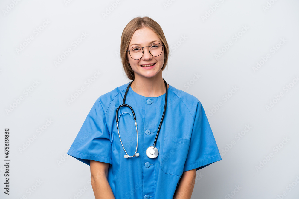 Young nurse doctor woman isolated on white background with glasses and happy Young nurse doctor woman isolated on white background with glasses and happy