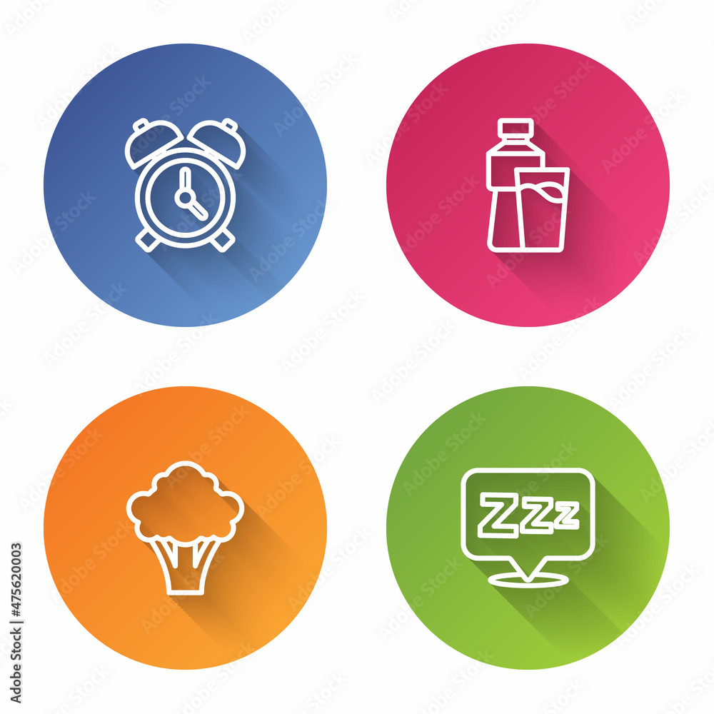 Set line Alarm clock, Bottle of water with glass, Broccoli and Sleepy. Color circle button. Vector Set line Alarm clock, Bottle of water with glass, Broccoli and Sleepy. Color circle button. Vector