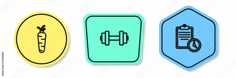 Set line Carrot, Dumbbell and Sport training program. Colored shapes. Vector Set line Carrot, Dumbbell and Sport training program. Colored shapes. Vector