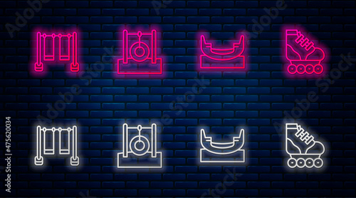 Set line Car tire hanging on rope, Boat swing, Double and Roller skate. Glowing neon icon on brick wall. Vector