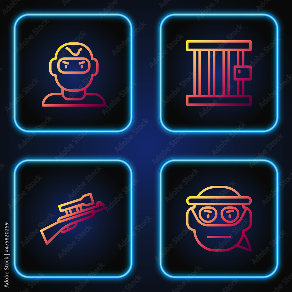 Set line Bandit, Sniper rifle with scope, Thief mask and Prison window. Gradient color icons. Vector Set line Bandit, Sniper rifle with scope, Thief mask and Prison window. Gradient color icons. Vector