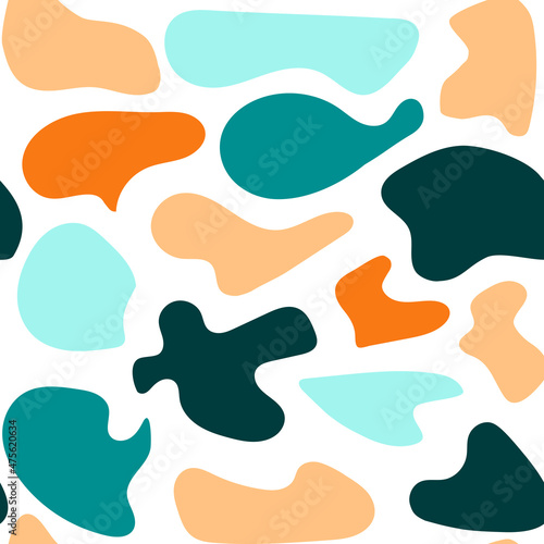 Orange and blue seamless pattern. Hand drawn various shapes and doodle objects. Abstract contemporary modern trendy vector illustration. Stamp texture. Every pattern is isolated. Vector illustration