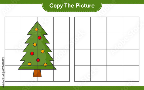Copy the picture, copy the picture of Christmas Tree using grid lines. Educational children game, printable worksheet, vector illustration