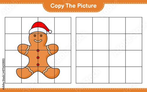 Copy the picture, copy the picture of Gingerbread Man using grid lines. Educational children game, printable worksheet, vector illustration