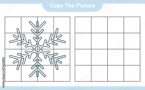 Copy the picture, copy the picture of Snowflake using grid lines. Educational children game, printable worksheet, vector illustration