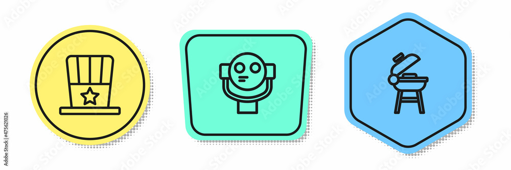 Set line Patriotic American top hat, Tourist binoculars and Barbecue grill. Colored shapes. Vector Set line Patriotic American top hat, Tourist binoculars and Barbecue grill. Colored shapes. Vector