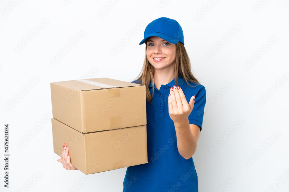 Delivery Lithuanian woman isolated on white background inviting to come with hand. Happy that you came Delivery Lithuanian woman isolated on white background inviting to come with hand. Happy that you came